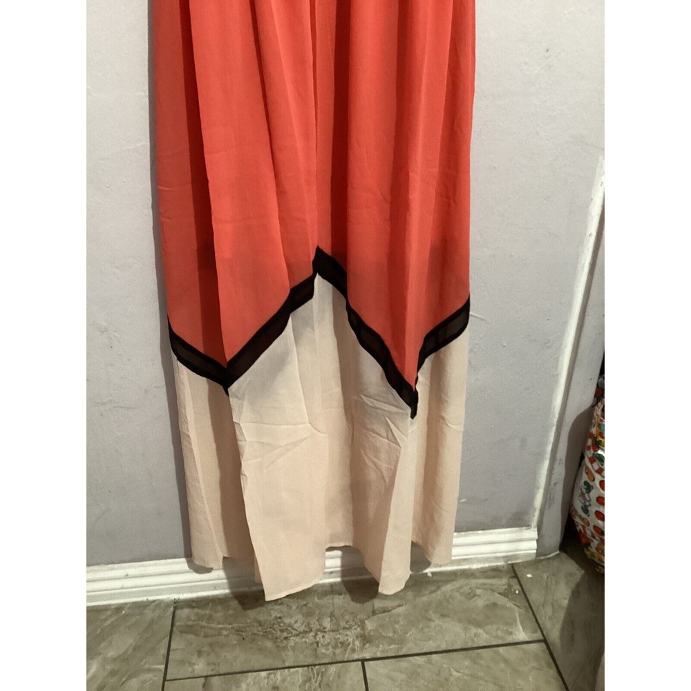 LUCY PARIS Maxi Dress Orange Cream ColorBlock halter spaghetti straps Sz L - Picture 6 of 11